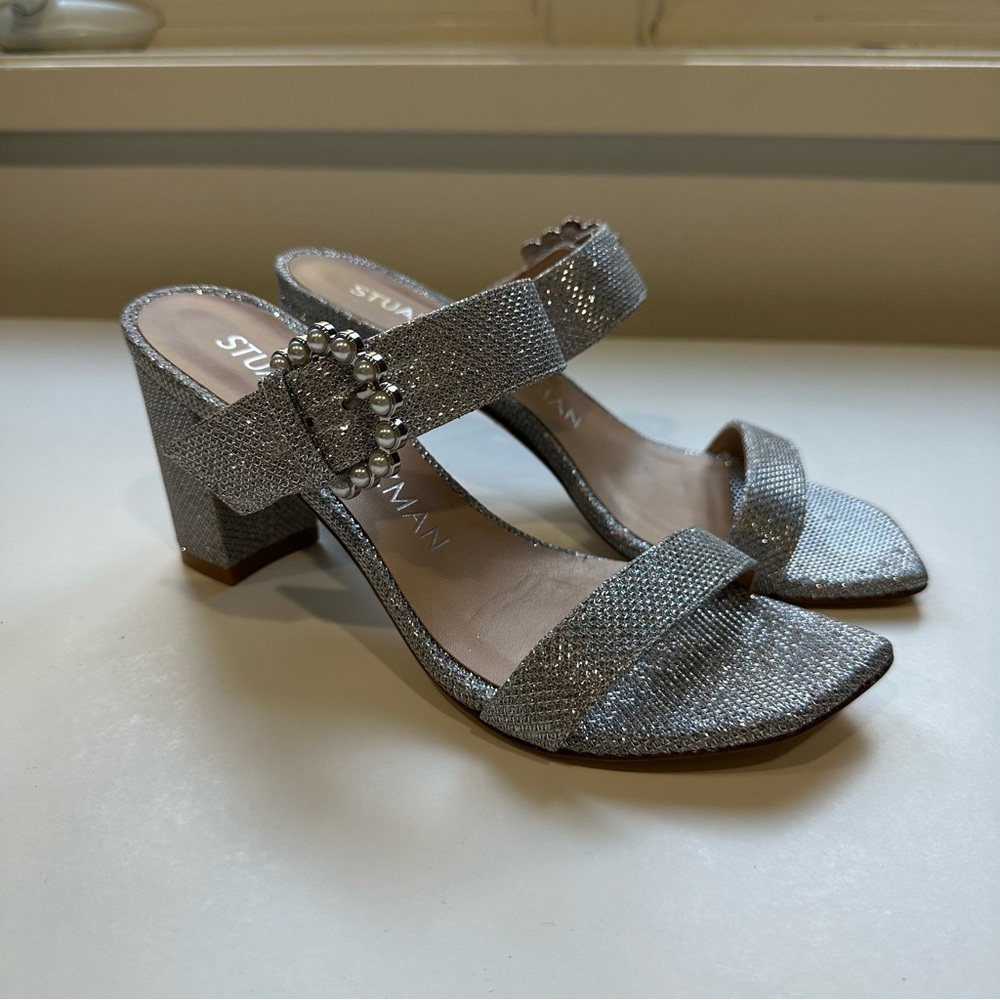 Stuart Weitzman Piper 75mm Crystal/Pearl-Embellished Block-Heel Sandals